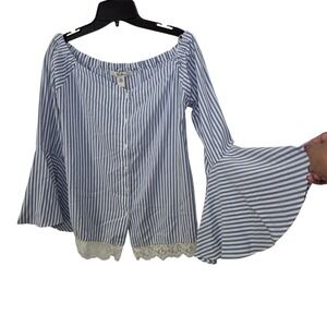 Ella Moon Women's Blue White Stripe Off Shoulder Peasant Blouse Bell Sleeve XS